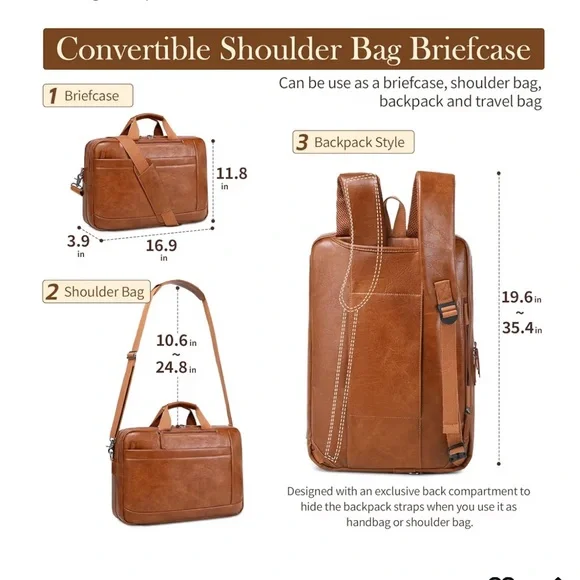 NWT Convertible Tan Leather Laptop Briefcase & Backpack - - Picture 6 of 10